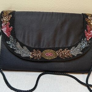 Vintage Black Satin Beaded Clutch Shoulder Bag